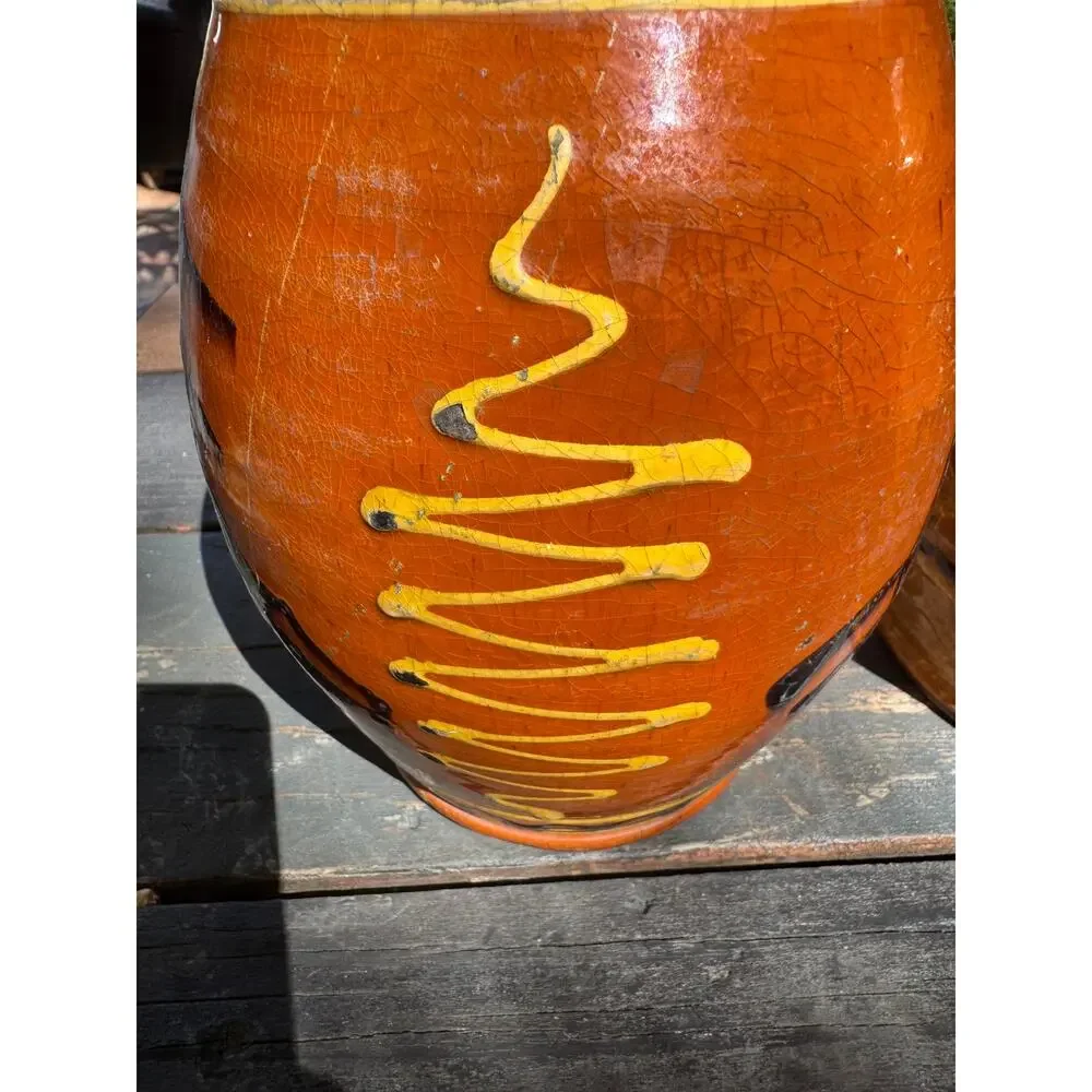 Rare Matching Pair Greg Shooner Redware Stag Vases Slip Trailed Folk Art Pottery